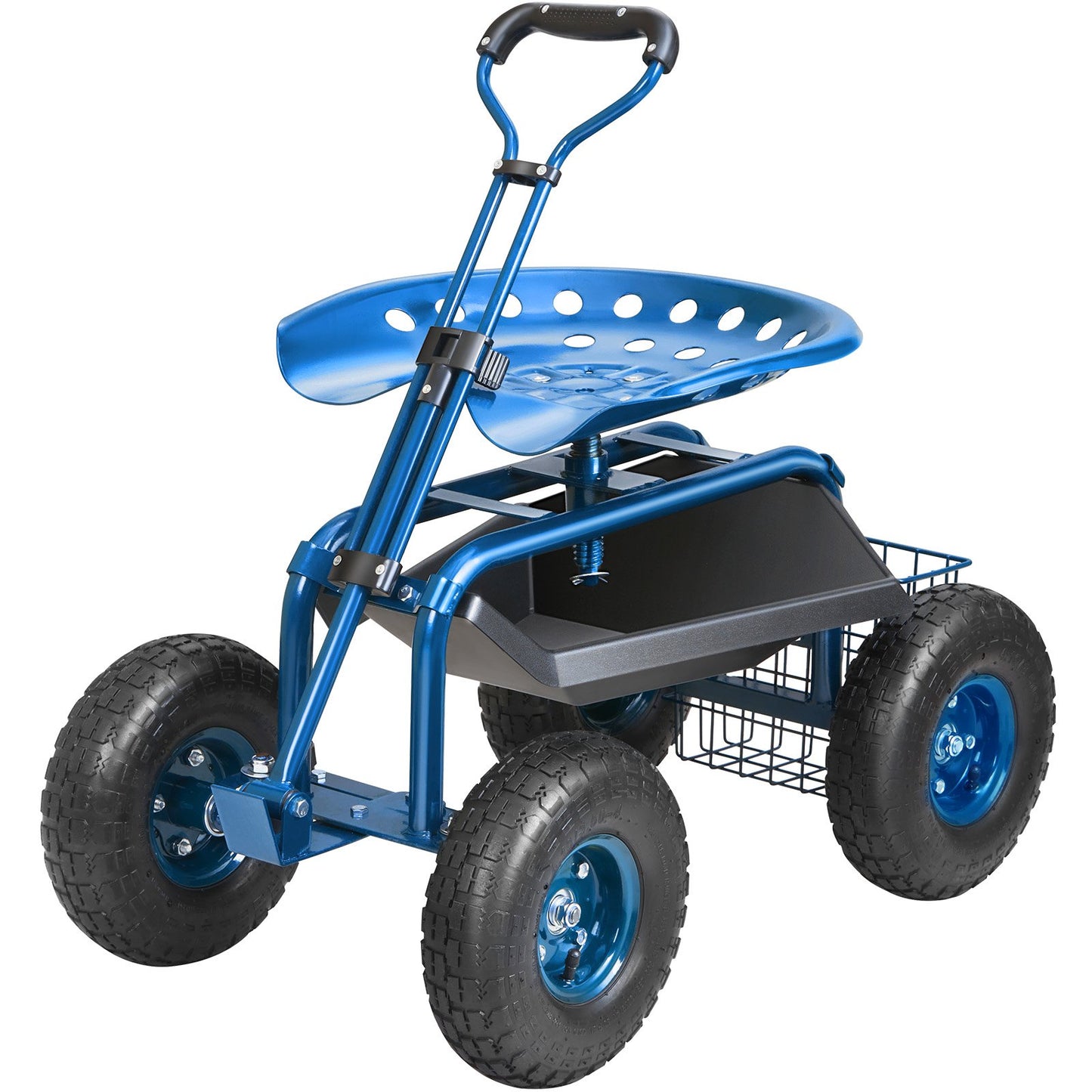 Garden Cart Rolling Workseat with Wheels, Gardening Stool for Planting, 360 Degree Swivel Seat, Wagon Scooter with Steering Handle & Utility Tool Tray, Use for Patio, Yard, and Outdoors, Blue