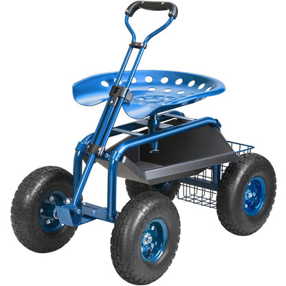 Garden Cart Rolling Workseat with Wheels, Gardening Stool for Planting, 360 Degree Swivel Seat, Wagon Scooter with Steering Handle & Utility Tool Tray, Use for Patio, Yard, and Outdoors, Blue