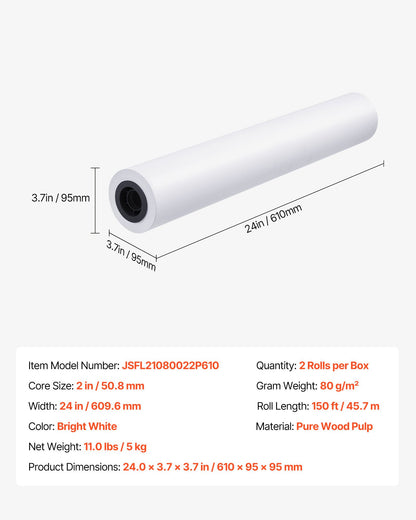 Wide Format Paper, 609.6 mm x 45.7 m Plotter Roll, 2 Rolls CAD Bond Rolls with 50.8 mm Core, 80 GSM Plotter Roll Rolls, for CAD Drawings, Engineering Plans, GIS Maps, and Architectural Designs