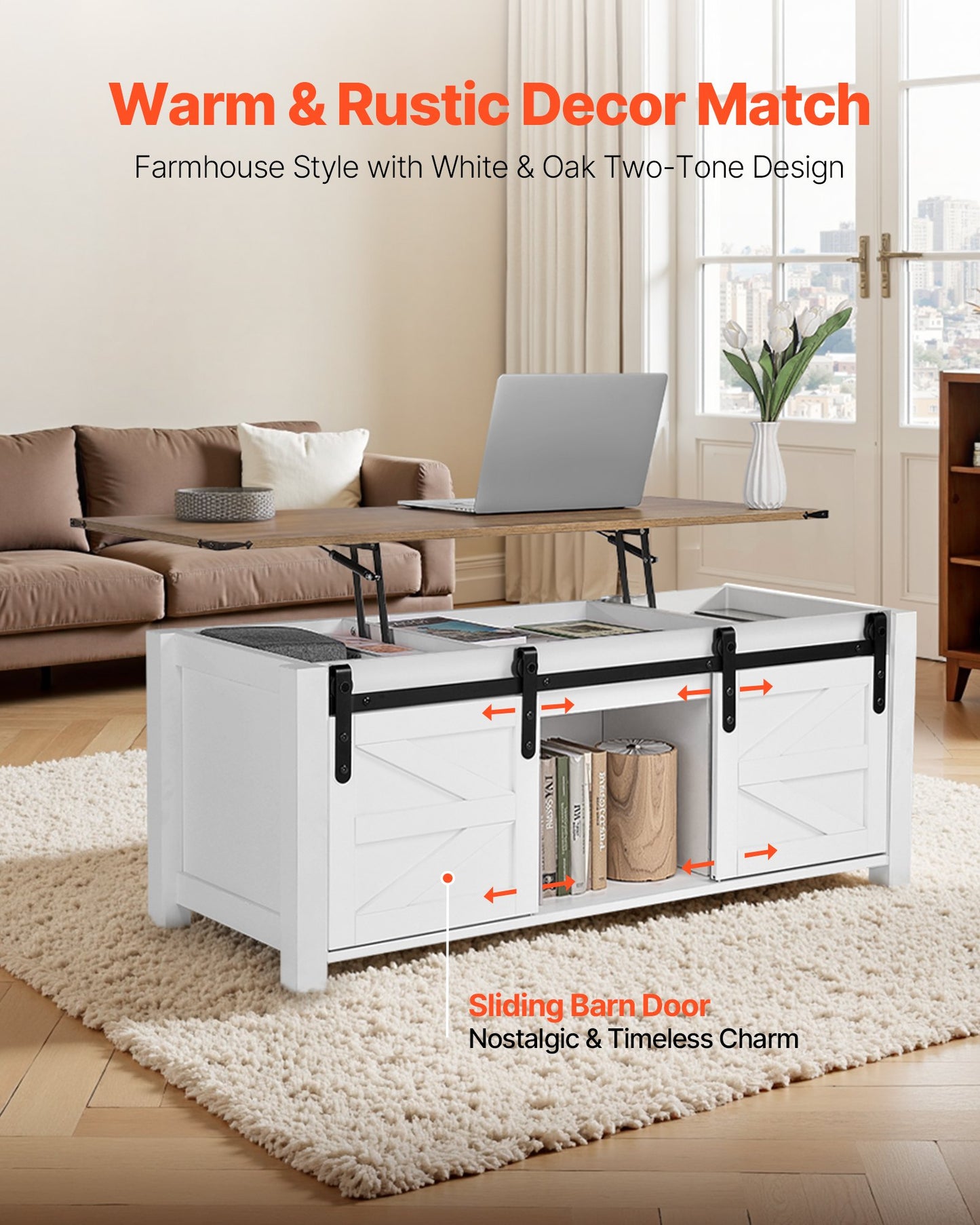 1200 mm Farmhouse Lift Top Coffee Table, Rustic Center Table with Barn Door and Hidden Storage Compartment, Modern Rectangle Lifting Tabletop for Living Room, Office, Home, Easy Assembly, White