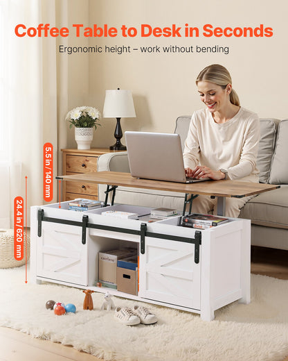 1200 mm Farmhouse Lift Top Coffee Table, Rustic Center Table with Barn Door and Hidden Storage Compartment, Modern Rectangle Lifting Tabletop for Living Room, Office, Home, Easy Assembly, White