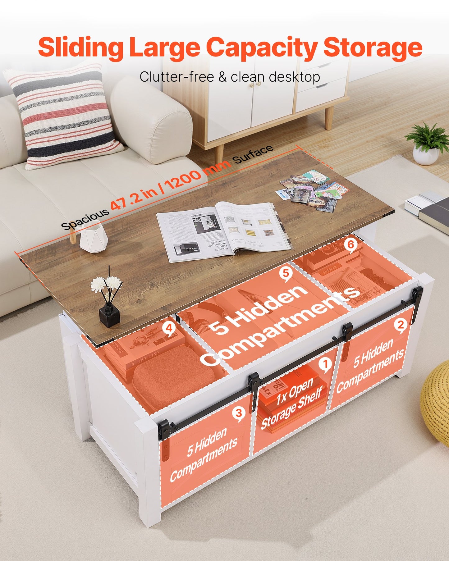 1200 mm Farmhouse Lift Top Coffee Table, Rustic Center Table with Barn Door and Hidden Storage Compartment, Modern Rectangle Lifting Tabletop for Living Room, Office, Home, Easy Assembly, White