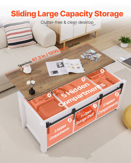 1200 mm Farmhouse Lift Top Coffee Table, Rustic Center Table with Barn Door and Hidden Storage Compartment, Modern Rectangle Lifting Tabletop for Living Room, Office, Home, Easy Assembly, White