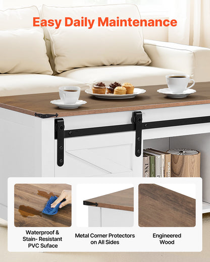 1200 mm Farmhouse Lift Top Coffee Table, Rustic Center Table with Barn Door and Hidden Storage Compartment, Modern Rectangle Lifting Tabletop for Living Room, Office, Home, Easy Assembly, White