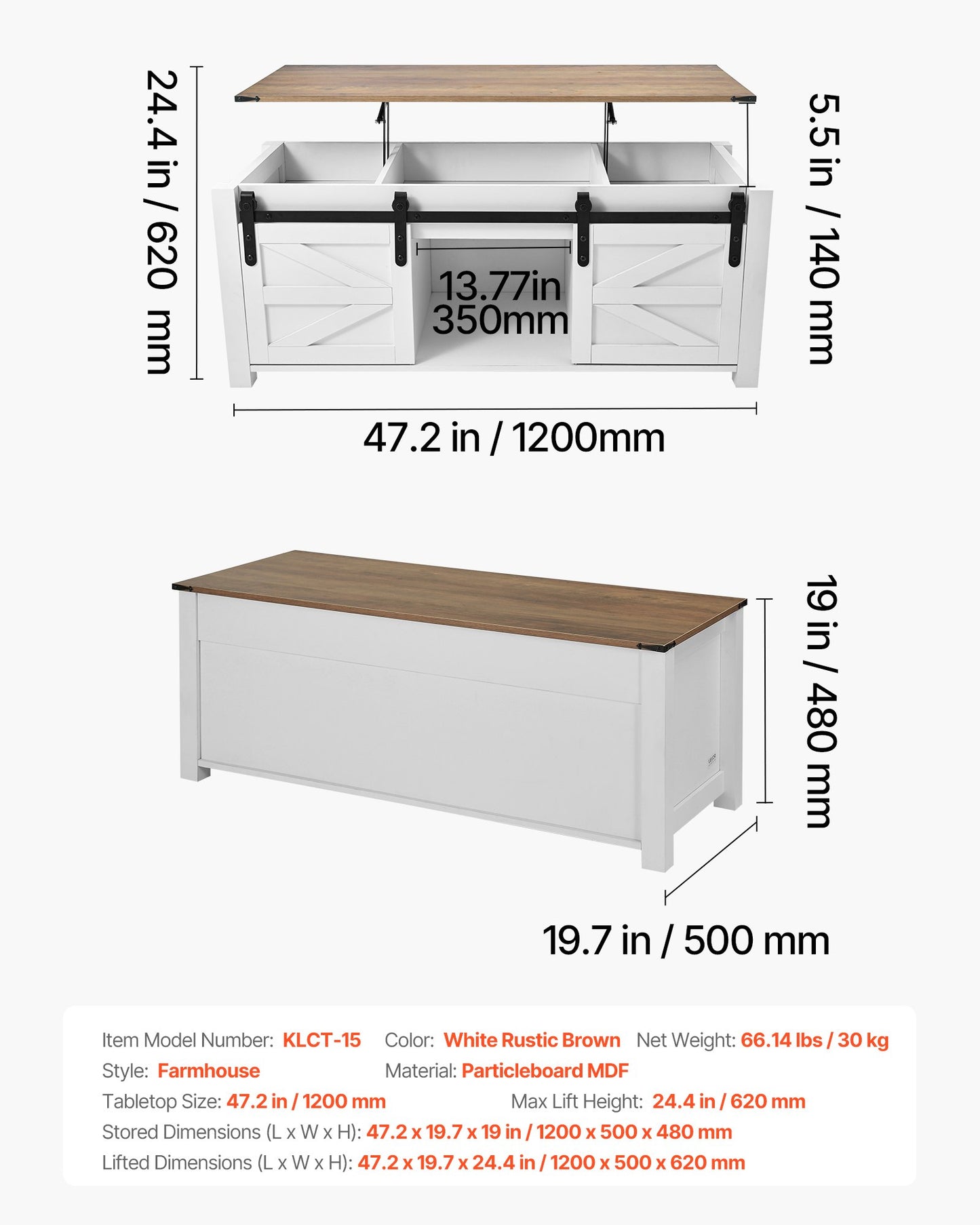 1200 mm Farmhouse Lift Top Coffee Table, Rustic Center Table with Barn Door and Hidden Storage Compartment, Modern Rectangle Lifting Tabletop for Living Room, Office, Home, Easy Assembly, White