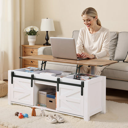 1200 mm Farmhouse Lift Top Coffee Table, Rustic Center Table with Barn Door and Hidden Storage Compartment, Modern Rectangle Lifting Tabletop for Living Room, Office, Home, Easy Assembly, White