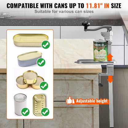 Commercial Can Opener, Heavy-Duty Manual Tabletop Cans Opener for Cans Up to 300 mm Height, Height-Adjustable Can Openers Fixed with Screws & Table Clamp, for Restaurant, Hotel, and Food Store