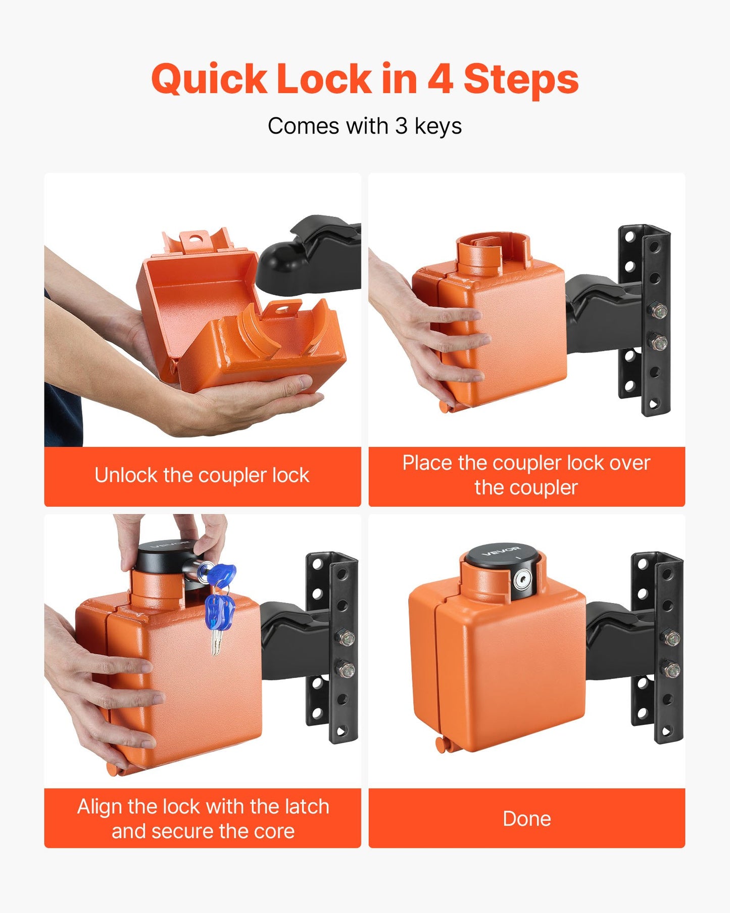 Collar Coupler Lock, Fits 50.6 & 58.6 mm Demco Cast Head Couplers, Trailer Hitch Lock with 3 Keys Secures Security Chains, Rust-resistant, Anti-Theft RV Trailer Locks for RV, Trailer, Boat