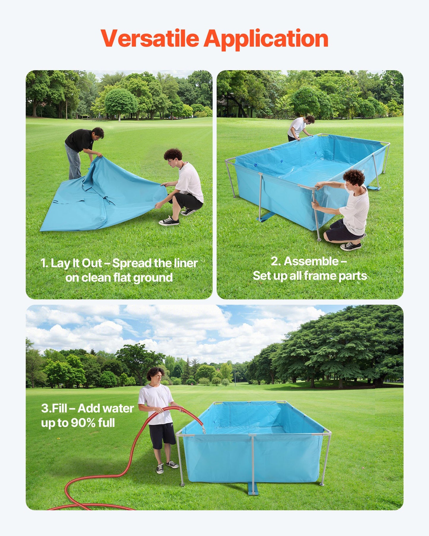 Aufstellpool mit Stahlrahmen, 3 x 2 x 0,762 m, rechteckig, ideal für den Garten, einfach aufzubauen, rostbeständig, 3959,54 l Wasserfassungsvermögen, blau