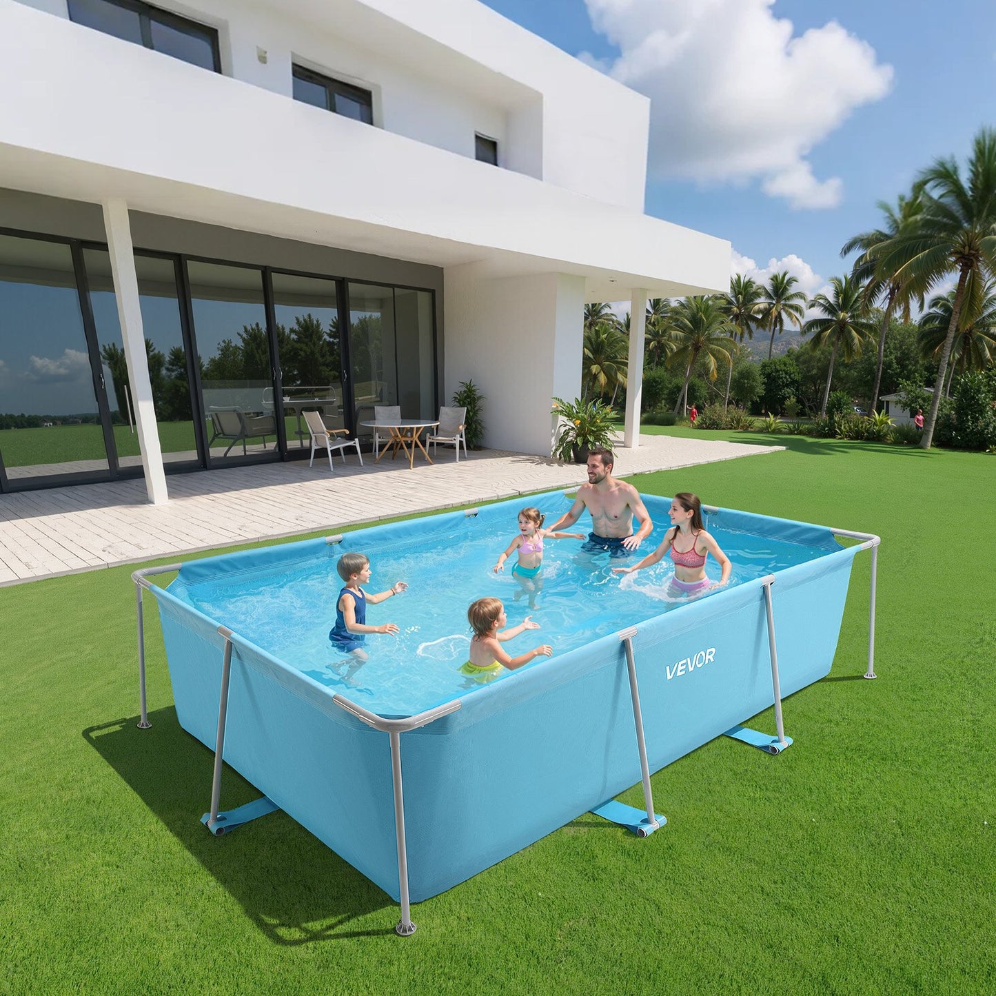 Aufstellpool mit Stahlrahmen, 3 x 2 x 0,762 m, rechteckig, ideal für den Garten, einfach aufzubauen, rostbeständig, 3959,54 l Wasserfassungsvermögen, blau