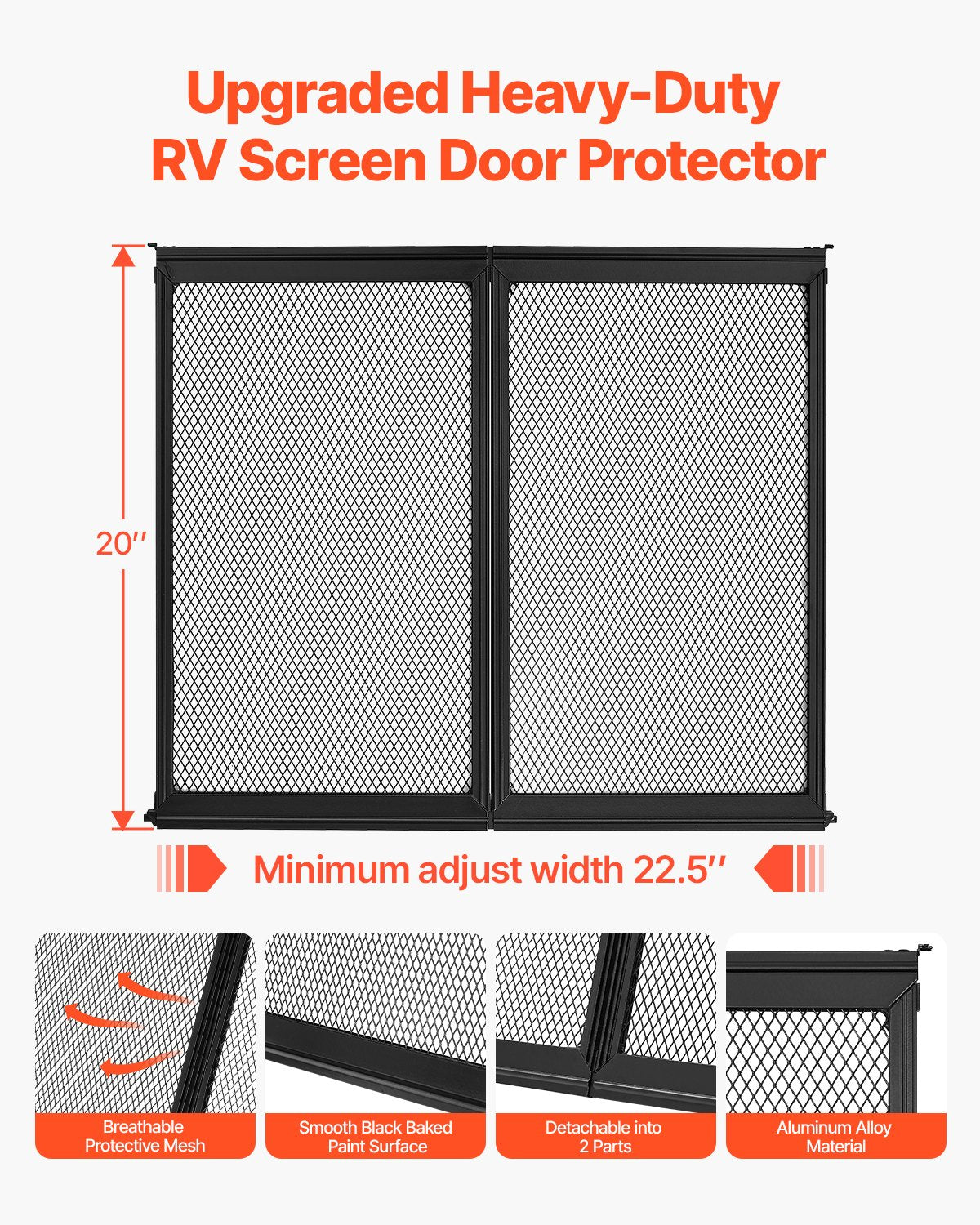 RV Screen Door Protector, 571.5 x 508 mm Door Grille, Easy to Install and Disassemble, Reinforced Breathable Protective Mesh, Aluminum Alloy Camper RV Entry Protector for Pet Protection, Black