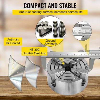 K72-125 5 Inch Lathe Chuck Independent Reversible Jaw 125MM Metal Turning Machine Accessories for Mini Metal Lathe Machine 4 Jaw Lathe Chuck