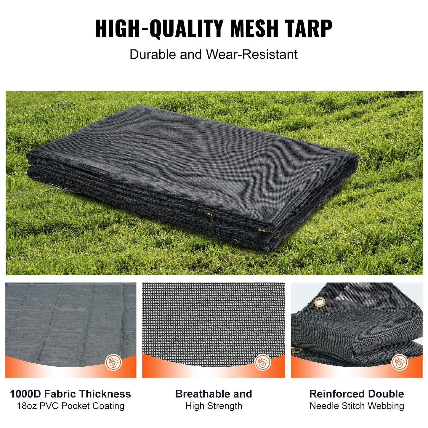 Dump Truck Mesh Tarp, 7.5x18 ft, PVC Coated Black Heavy Duty Cover with 5.5" 18oz Double Pocket, Brass Grommets, Reinforced Double Needle Stitch Webbing Fits Manual or Electric Dump Truck System