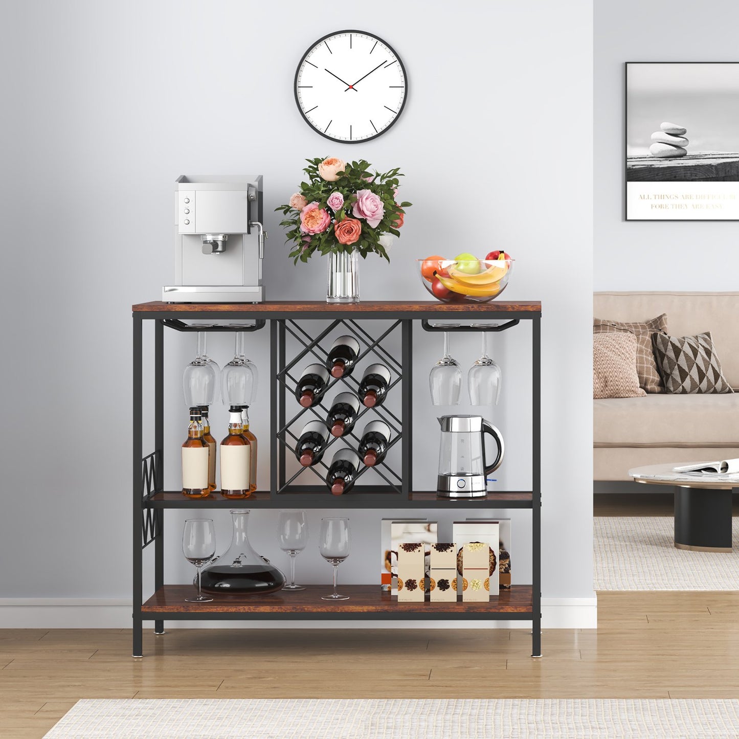 40 Inch Industrial Bar Cabinet, Wine Table for Liquor and Glasses, Sideboard Buffet Cabinet with Glass Holder & Wine Rack, Freestanding Farmhouse Wood Coffee Bar Cabinet for Living Room Home Bar