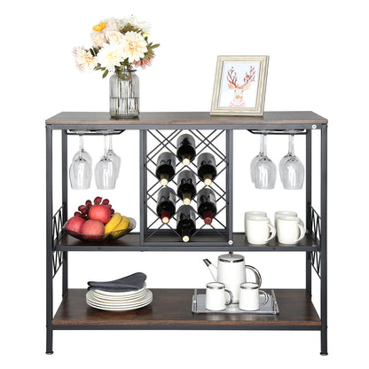 40 Inch Industrial Bar Cabinet, Wine Table for Liquor and Glasses, Sideboard Buffet Cabinet with Glass Holder & Wine Rack, Freestanding Farmhouse Wood Coffee Bar Cabinet for Living Room Home Bar