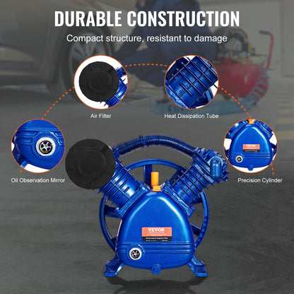 Air Compressor Pump Head, 5.5HP 5.75CFM @ 90PSI, Twin Cylinder Oil Lubricated Air Compressor Piston Pump Head, Dual Stage V-Type Cast Iron Air Compressor Pump Replacement with Max. 185PSI Pressure