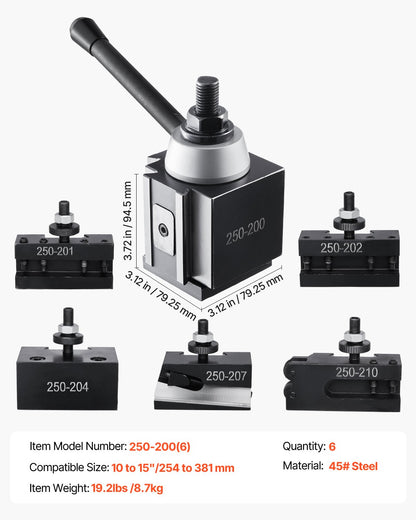 Quick Change Tool Post Set, 6 Pcs, Includes Lathe Tool Holders, Wedge Type Tool Post with Turning Tool Holder Accessories, for Mini Lathe & Metal Lathe 254-381 mm(10"-15") Swing, Durable Steel Material