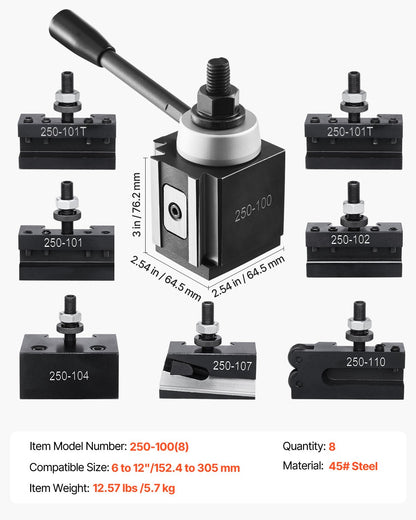 Quick Change Tool Post Set, 8 Pcs, Includes Lathe Tool Holders, Wedge Type Tool Post with Turning Tool Holder Accessories, Fit for Mini Lathe & Metal Lathe 152-305 mm(6"-12") Swing, Durable Steel Material