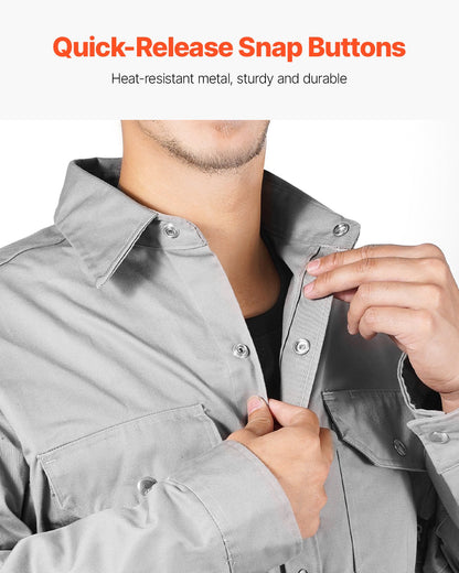 FR Welding Jacket - L Size, 7oz. Flame-Resistant Cotton Welding Jacket, Machine Washable Heat-Resistant Safety Jacket with Metal Snap Buttons & Adjustable Cuff, Meet ATPV 9.2 Cal/cm² Arc Rating