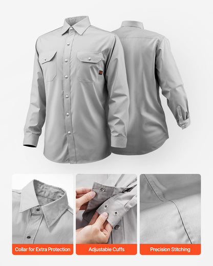 FR Welding Jacket - L Size, 7oz. Flame-Resistant Cotton Welding Jacket, Machine Washable Heat-Resistant Safety Jacket with Metal Snap Buttons & Adjustable Cuff, Meet ATPV 9.2 Cal/cm² Arc Rating
