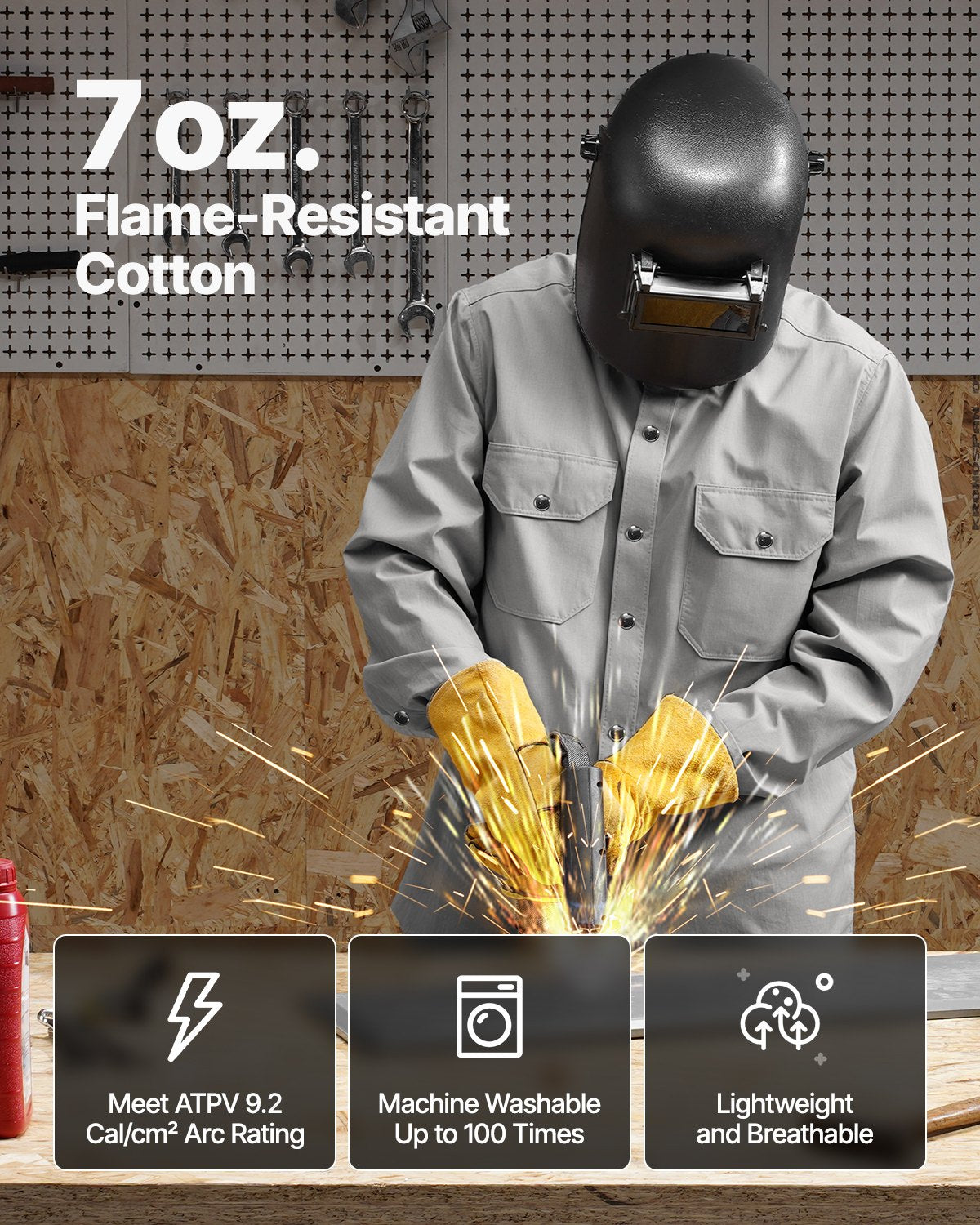 FR Welding Jacket - M Size, 7oz. Flame-Resistant Cotton Welding Jacket, Machine Washable Heat-Resistant Safety Jacket with Metal Snap Buttons & Adjustable Cuff, Meet ATPV 9.2 Cal/cm² Arc Rating