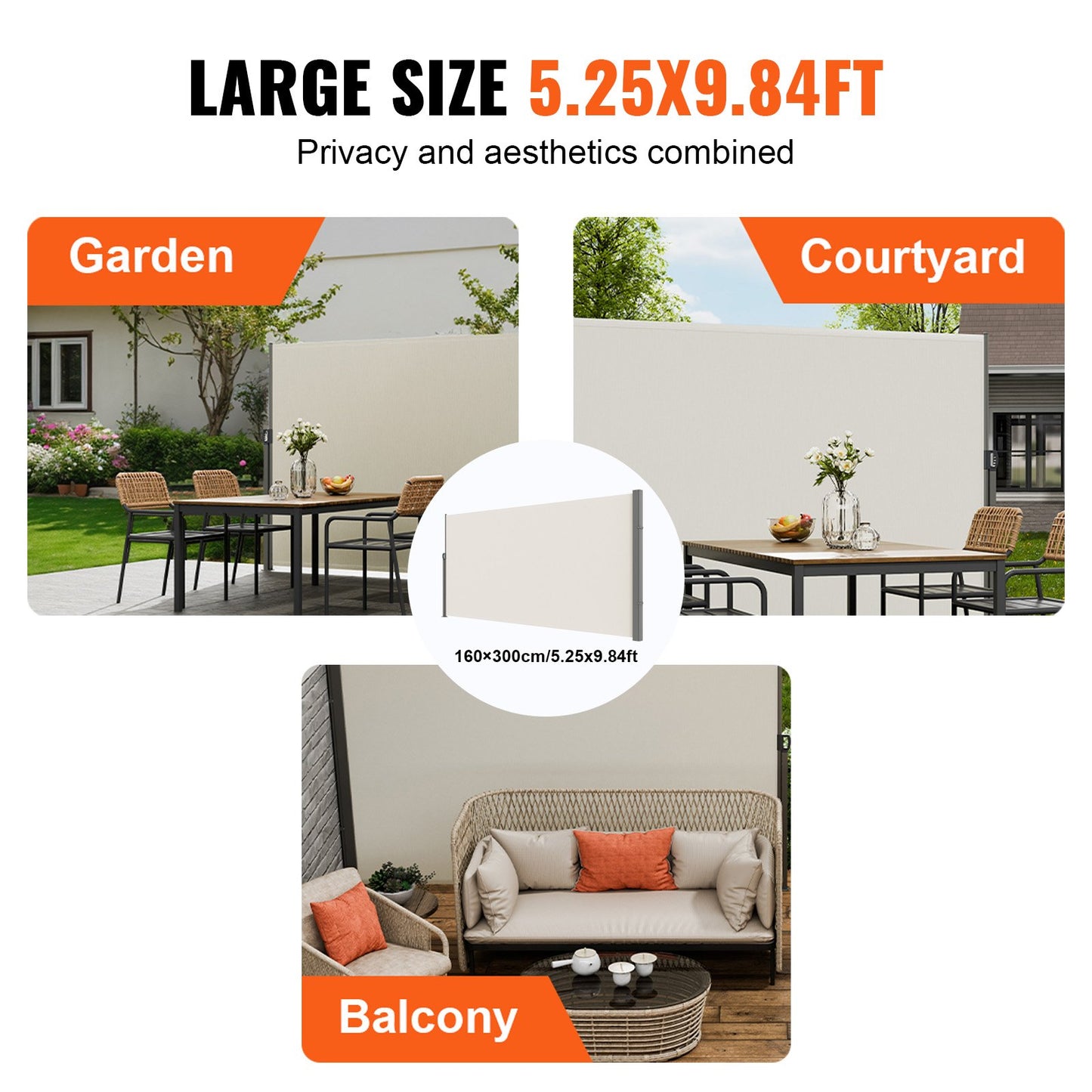 Einziehbare Seitenmarkise, 160 x 300 cm (63 x 118 Zoll) Sichtschutz für den Außenbereich, wasserdichtes, einziehbares Terrassen- und Gartenrollo aus 180 g/m² Polyester, UV-Schutz 30+, Raumteiler und Windschutz für Terrasse, Garten und Balkon, Beige