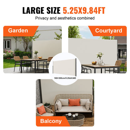 Einziehbare Seitenmarkise, 160 x 300 cm (63 x 118 Zoll) Sichtschutz für den Außenbereich, wasserdichtes, einziehbares Terrassen- und Gartenrollo aus 180 g/m² Polyester, UV-Schutz 30+, Raumteiler und Windschutz für Terrasse, Garten und Balkon, Beige