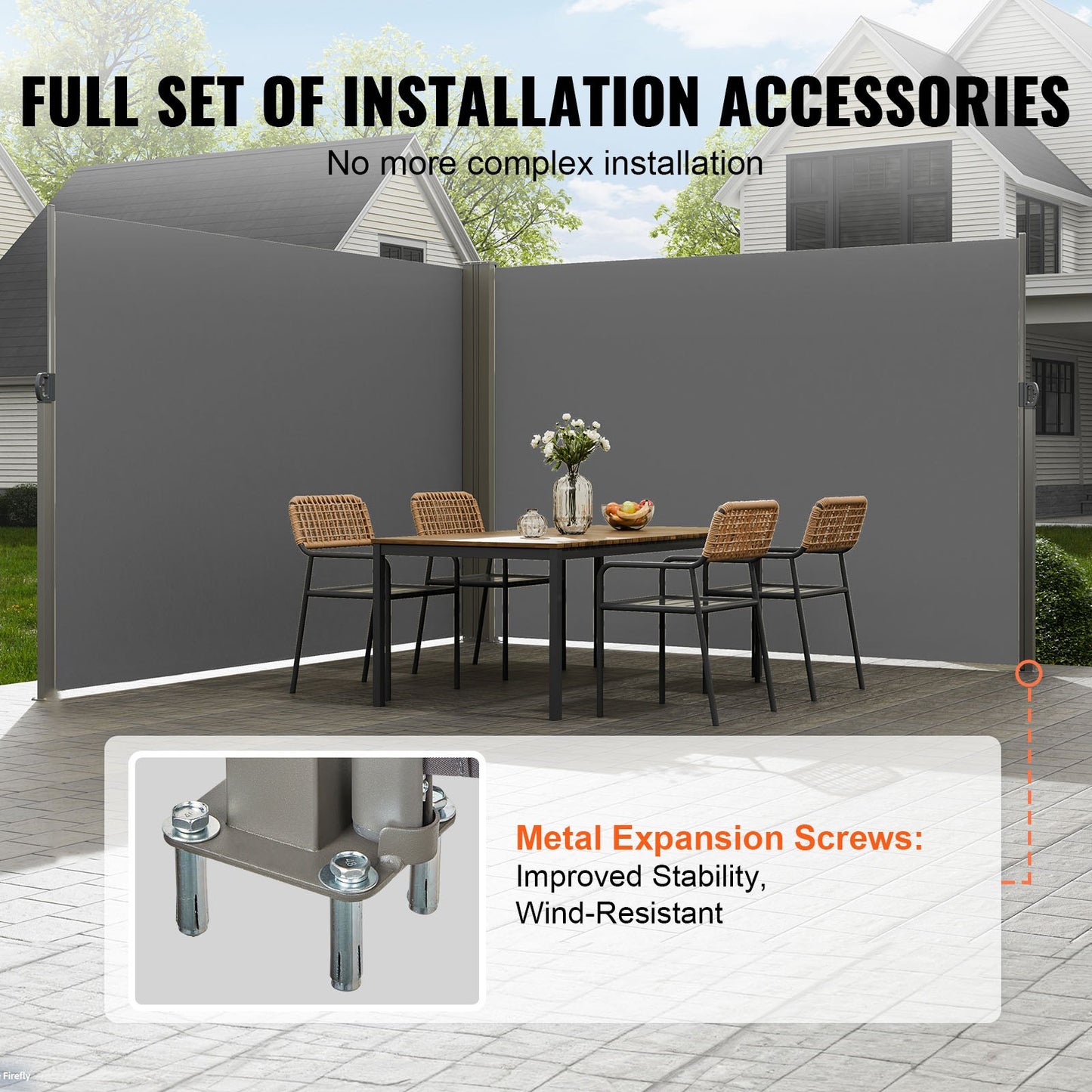 Einziehbare Seitenmarkise, 200 x 600 cm (79 x 236 Zoll) Sichtschutz für den Außenbereich, 180 g/m² Polyester, wasserdicht, UV-Schutz 30+, Raumteiler/Windschutz für Terrasse, Garten, Balkon, Grau