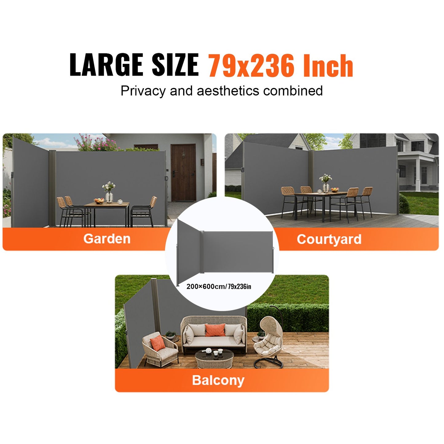 Einziehbare Seitenmarkise, 200 x 600 cm (79 x 236 Zoll) Sichtschutz für den Außenbereich, 180 g/m² Polyester, wasserdicht, UV-Schutz 30+, Raumteiler/Windschutz für Terrasse, Garten, Balkon, Grau