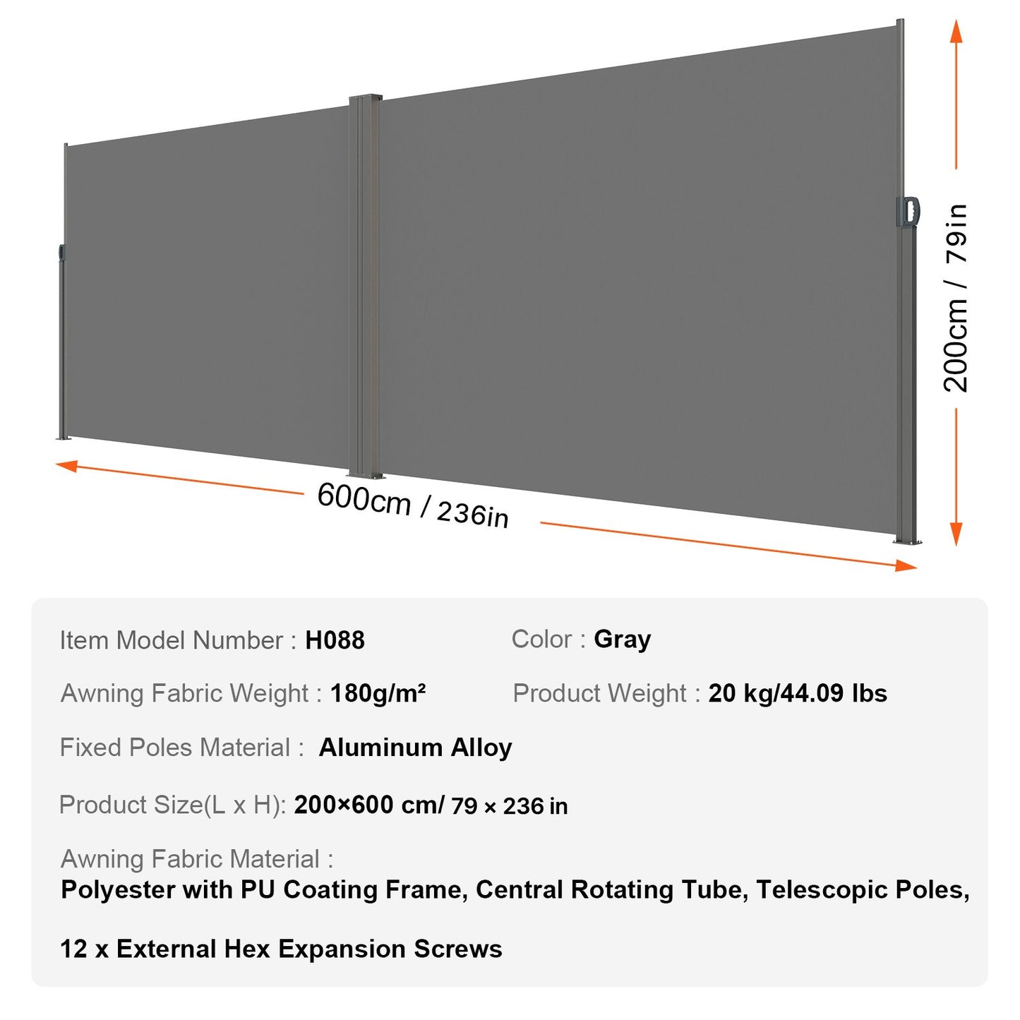 Einziehbare Seitenmarkise, 200 x 600 cm (79 x 236 Zoll) Sichtschutz für den Außenbereich, 180 g/m² Polyester, wasserdicht, UV-Schutz 30+, Raumteiler/Windschutz für Terrasse, Garten, Balkon, Grau