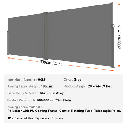 Einziehbare Seitenmarkise, 200 x 600 cm (79 x 236 Zoll) Sichtschutz für den Außenbereich, 180 g/m² Polyester, wasserdicht, UV-Schutz 30+, Raumteiler/Windschutz für Terrasse, Garten, Balkon, Grau