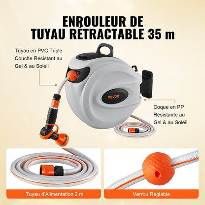 Retractable Hose Reel Water Hose Reel 35m x 1.3cm 180° Swivel Wall-Mounted