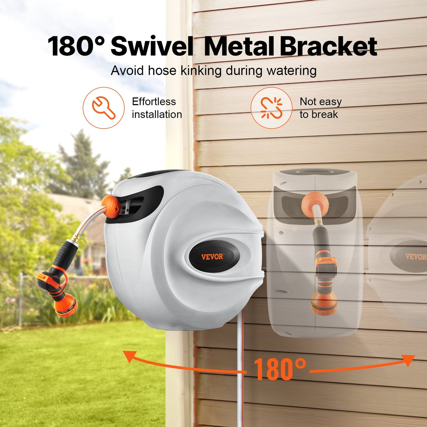 Retractable Garden Hose Reel, 1/2" x 131.23 ft Wall Mounted Hose Reel, Heavy Duty Garden Hose Reel with 9 Patterns Nozzle, Any Length Lock, Auto-Rewind Slow Return System and 180°Swivel Bracket