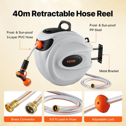 Retractable Garden Hose Reel, 1/2" x 131.23 ft Wall Mounted Hose Reel, Heavy Duty Garden Hose Reel with 9 Patterns Nozzle, Any Length Lock, Auto-Rewind Slow Return System and 180°Swivel Bracket