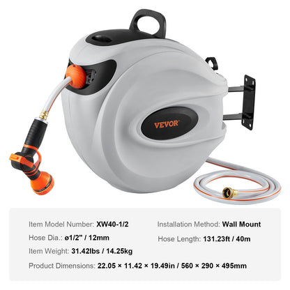 Retractable Garden Hose Reel, 1/2" x 131.23 ft Wall Mounted Hose Reel, Heavy Duty Garden Hose Reel with 9 Patterns Nozzle, Any Length Lock, Auto-Rewind Slow Return System and 180°Swivel Bracket