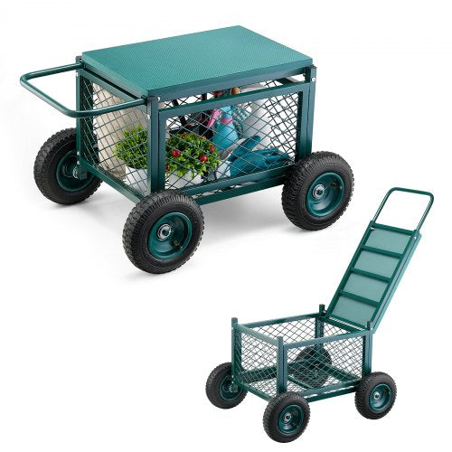 Rollbarer Gartenwagen mit Sitz, rollbarer Gartenarbeitssitz aus Metall mit Rädern, Tragkraft bis 181 kg, robuster Gartenwagen/Rollhocker, Bollerwagen und Hocker auf Rädern für Rasen, Terrasse und Garten