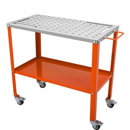 Welding Table 91.4 cm x 45.7 cm, 544 kg Load Capacity Steel Welding Workbench Table on Wheels, 2 Layers Portable Work Bench with Braking Casters, 4 Tool Slots, 1.6 cm Fixture Holes