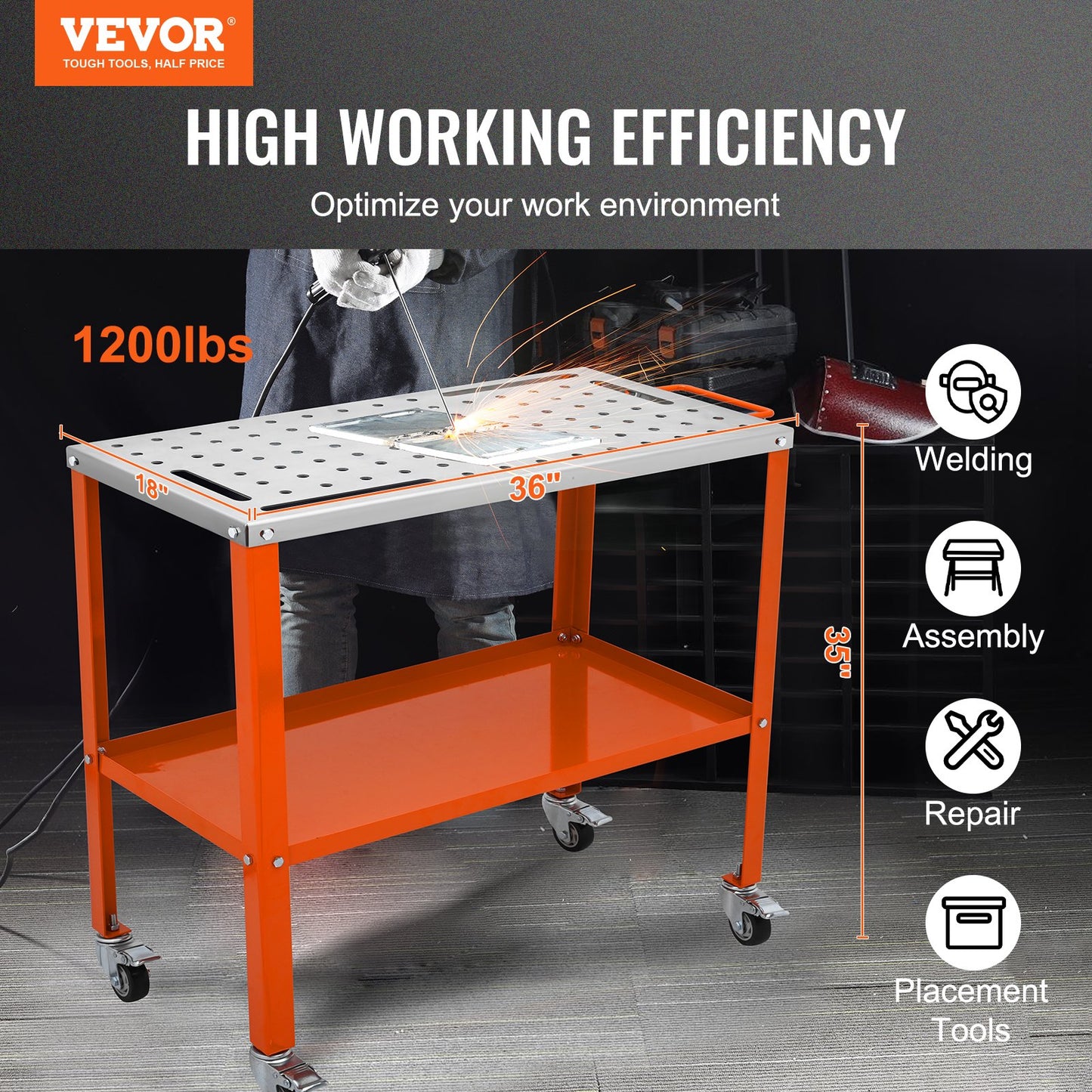 Welding Table 91.4 cm x 45.7 cm, 544 kg Load Capacity Steel Welding Workbench Table on Wheels, 2 Layers Portable Work Bench with Braking Casters, 4 Tool Slots, 1.6 cm Fixture Holes