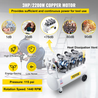 Air Compressor 22Gallon Ultra Quiet Oil-free Air Compressor 80L Tank Silent Air Compressor 2.2KW Oil free Compressor Low noise with Safe Solenoid Valve