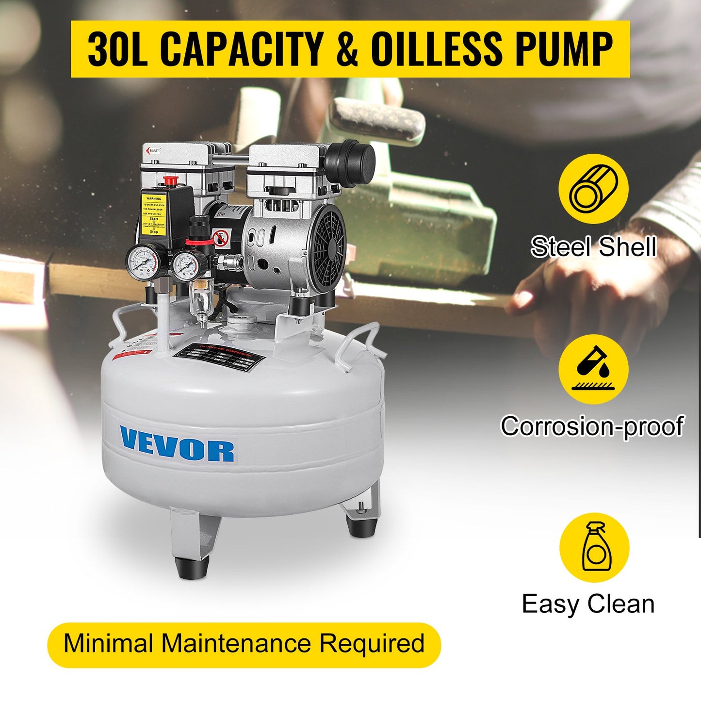 Vertical Air Compressor 6.6 Gallon Ultra Quiet Oil-Free Air Compressor 30L Tank Silent Air Compressor 850W Oil Free Compressor Low Noise