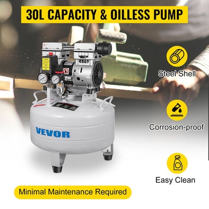 Vertical Air Compressor 6.6 Gallon Ultra Quiet Oil-Free Air Compressor 30L Tank Silent Air Compressor 850W Oil Free Compressor Low Noise
