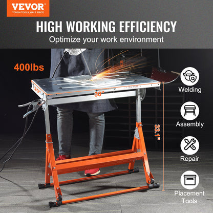 Welding Table 76.2 cm x 50.8 cm, 181.4 kg Load Capacity Steel Welding Workbench Table on Wheels, Folding Work Bench with Three 2.8 cm Slot, 3 Tilt Angles, Adjustable Height, Retractable Guide Rails