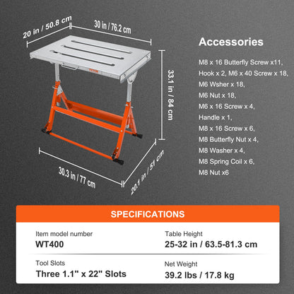 Welding Table 76.2 cm x 50.8 cm, 181.4 kg Load Capacity Steel Welding Workbench Table on Wheels, Folding Work Bench with Three 2.8 cm Slot, 3 Tilt Angles, Adjustable Height, Retractable Guide Rails