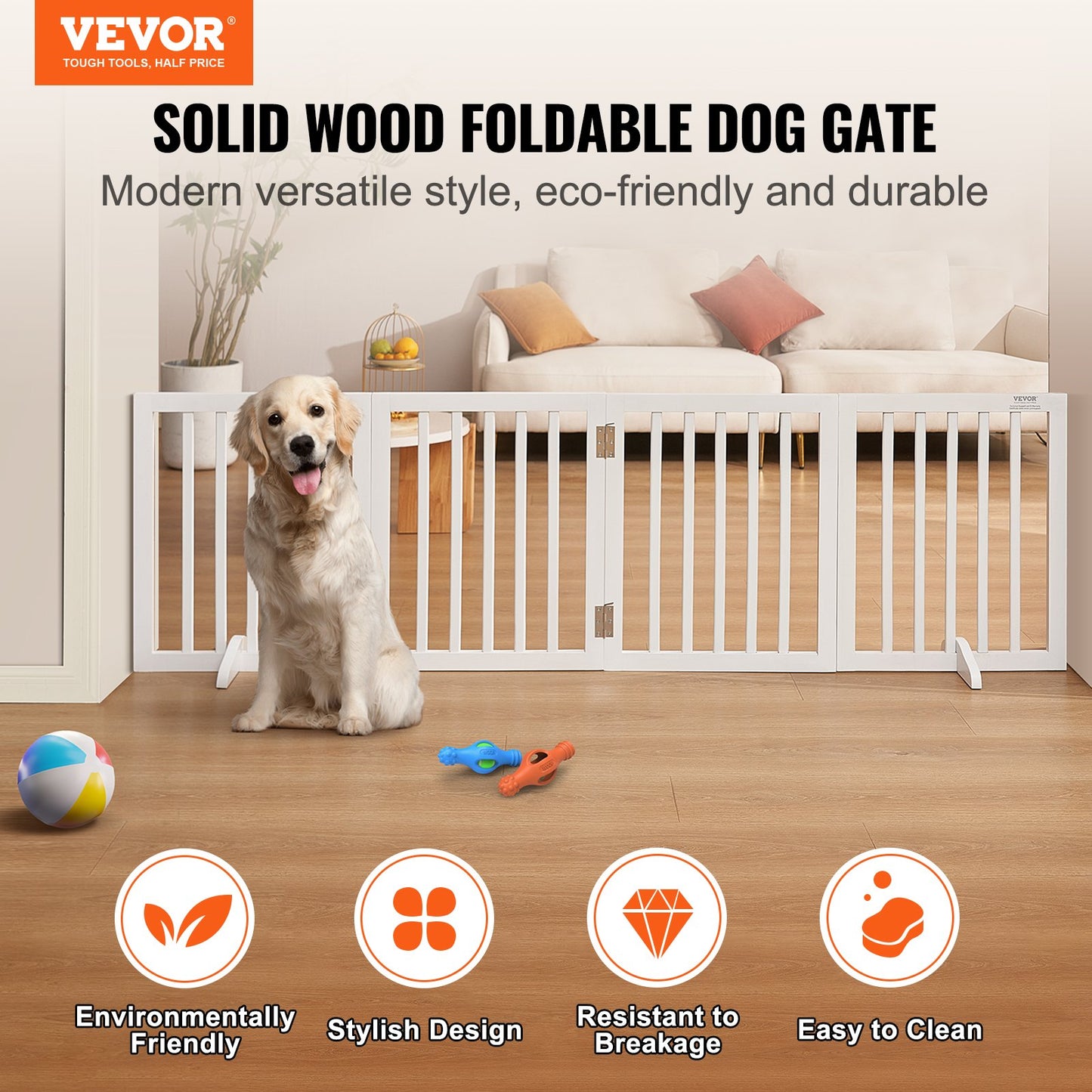 Free Standing Dog Gate, 24" H x 80.3" W Freestanding Pet Gate, 4 Panels Foldable Dog Gate for Wide and Narrow Passageways, Expandable Dog Barrier with Silent Foot Support for Indoor, White