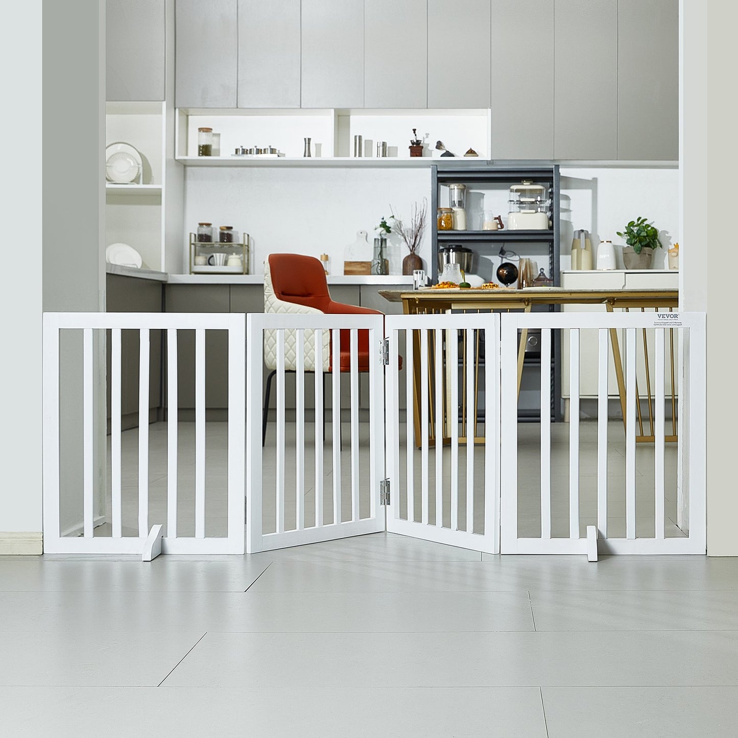 Free Standing Dog Gate, 24" H x 80.3" W Freestanding Pet Gate, 4 Panels Foldable Dog Gate for Wide and Narrow Passageways, Expandable Dog Barrier with Silent Foot Support for Indoor, White
