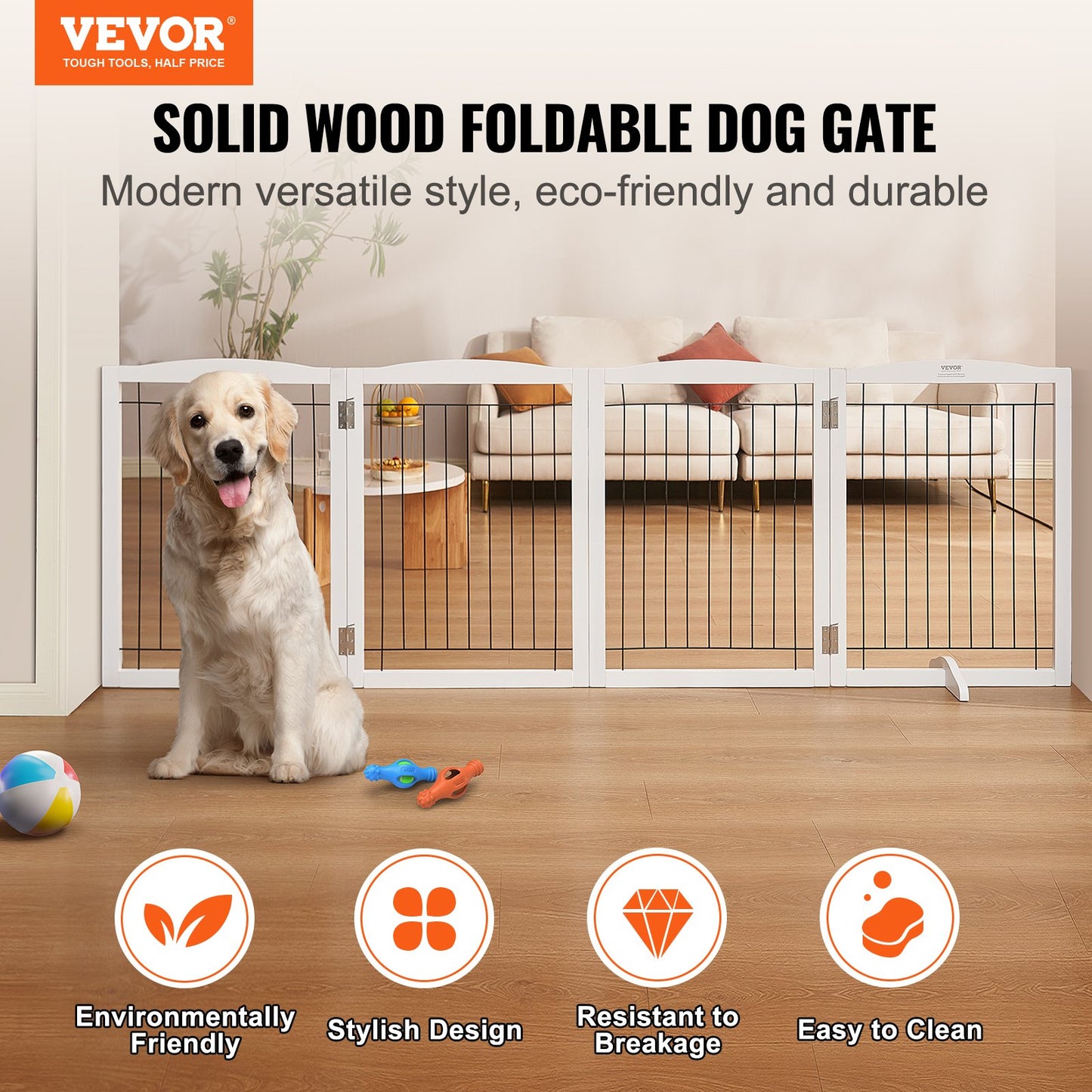 Free Standing Dog Gate, 32" H x 96.5" W Freestanding Pet Gate, 4 Panels Foldable Dog Gate for Wide and Narrow Passageways, Expandable Dog Barrier with Silent Foot Support for Indoor, White