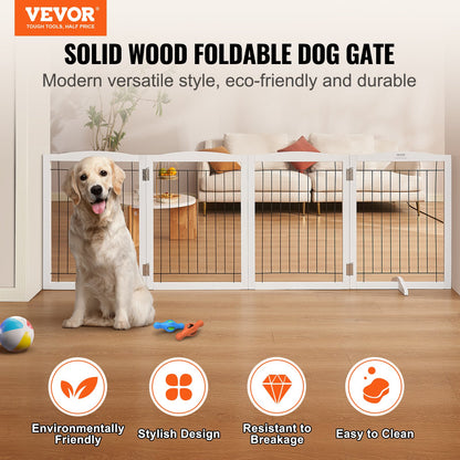 Free Standing Dog Gate, 32" H x 96.5" W Freestanding Pet Gate, 4 Panels Foldable Dog Gate for Wide and Narrow Passageways, Expandable Dog Barrier with Silent Foot Support for Indoor, White