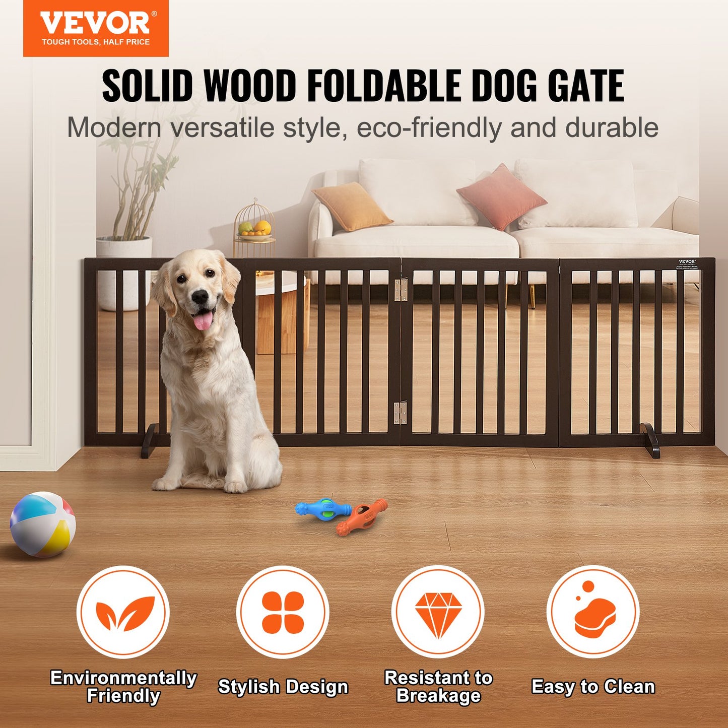 Free Standing Dog Gate, 24" H x 80.3" W Freestanding Pet Gate, 4 Panels Foldable Dog Gate for Wide and Narrow Passageways, Expandable Dog Barrier with Silent Foot Support for Indoor, Brown
