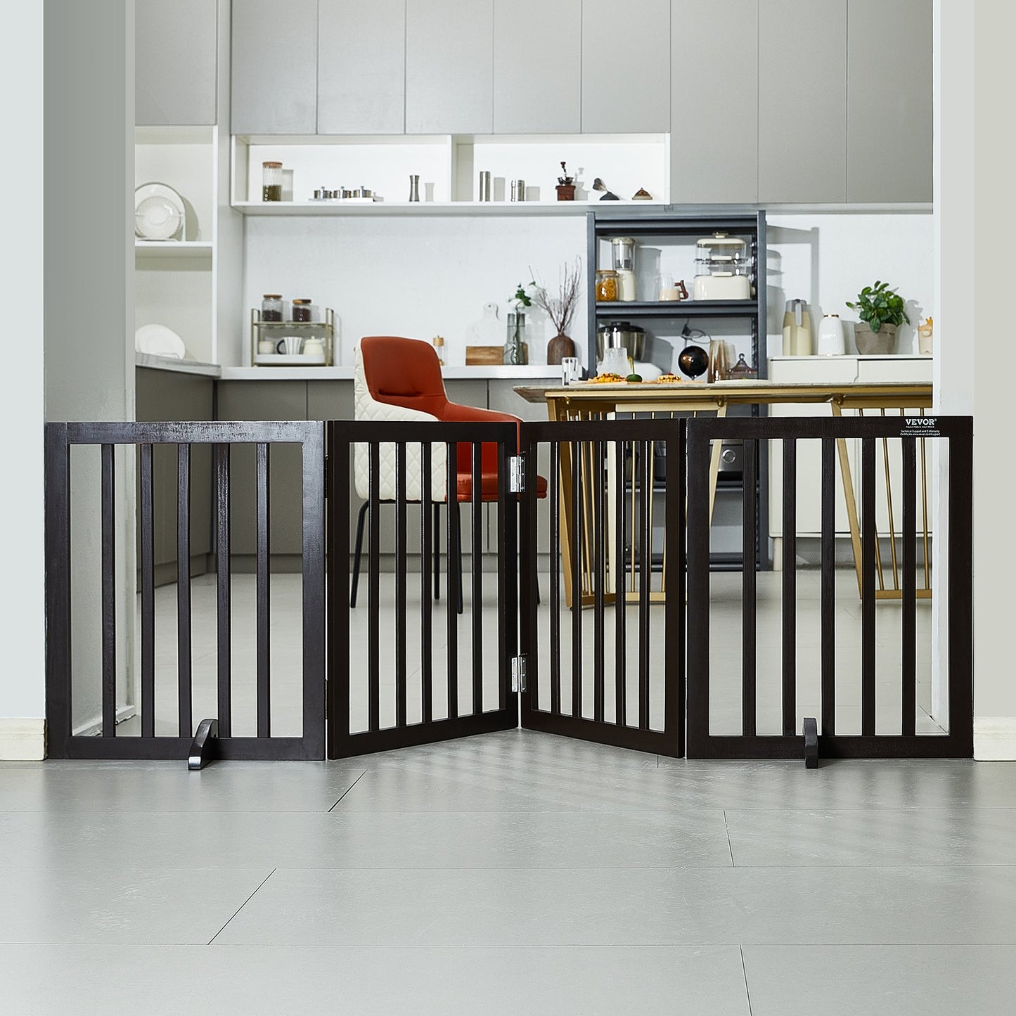 Free Standing Dog Gate, 24" H x 80.3" W Freestanding Pet Gate, 4 Panels Foldable Dog Gate for Wide and Narrow Passageways, Expandable Dog Barrier with Silent Foot Support for Indoor, Brown