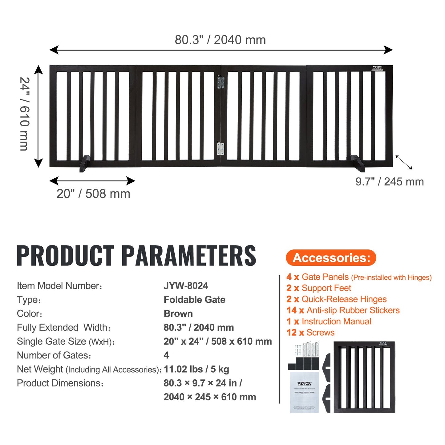 Free Standing Dog Gate, 24" H x 80.3" W Freestanding Pet Gate, 4 Panels Foldable Dog Gate for Wide and Narrow Passageways, Expandable Dog Barrier with Silent Foot Support for Indoor, Brown